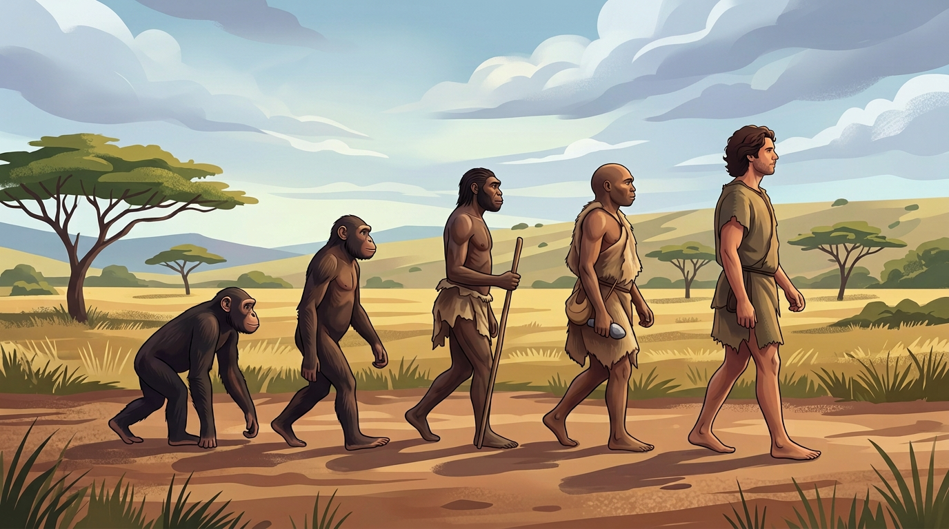 Chimpanzees and early humans walking across an African savanna